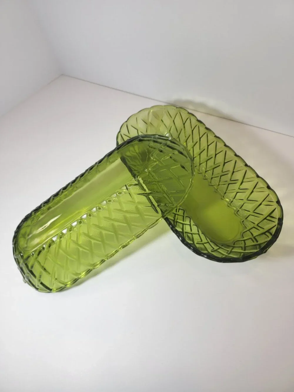 Vintage Avocado Green Glass Celery Dishes Set of 2,MCM Olive Green Serving Bowls
